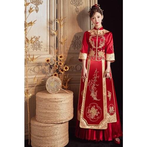 Sexy Beaded Phoenix Embroidery Marry Clothes High Quality Cheongsam Chinese Traditional Bride Wedding Dress Qipao