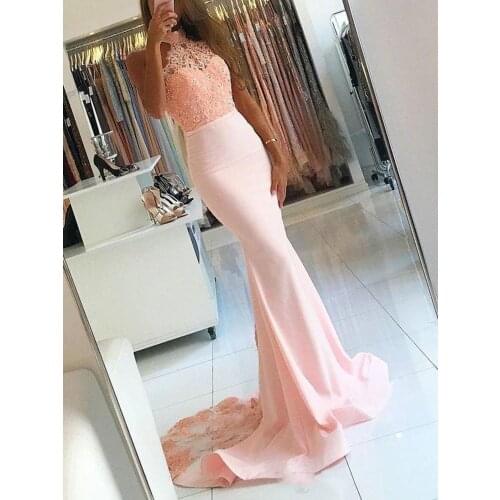 Halter Lace Beaded 2019 Pink Evening Dresses Mermaid Sexy Prom Dresses Vintage Cheap Formal Party Bridesmaid Gowns ZJ96
