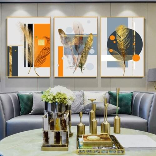 Abstract Golden Feather Canvas Painting 3 Panels Feather Posters and Prints Modern Wall Picture for Living Room Home Decoration