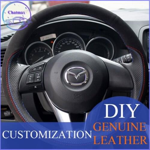 DIY For Mazda 3 Axela CX-4 CX-5 ATENZA Hand Stitch Car Steering Wheel Cover Black Suede Genuine Leather Holder