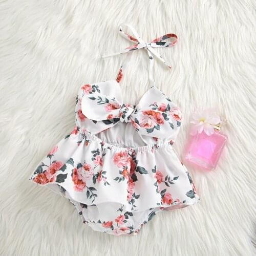 Newborn Baby Girls Romper 2021 Summer Infant Floral Sleeveless Hollow Out Bow Romper Princess Toddler Baby Clothes 0-24M