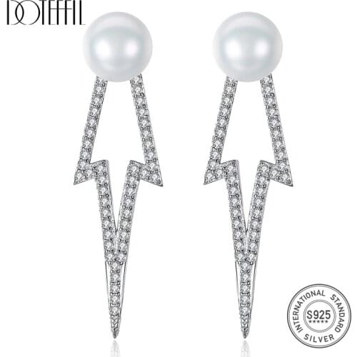 DOTEFFIL 8mm Natural Pearl White/Pink 925 Sterling Silver AAA Zircon Earrings For Women Wedding Engagement Charm Jewelry