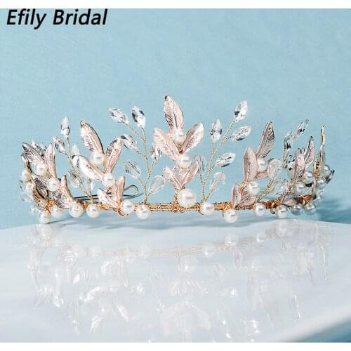 Efily Crystal Bridal Wedding Tiaras and Crowns for Women Hair Accessories leaves Pearl Hair Jewelry Bridesmaid Headpiece Gift