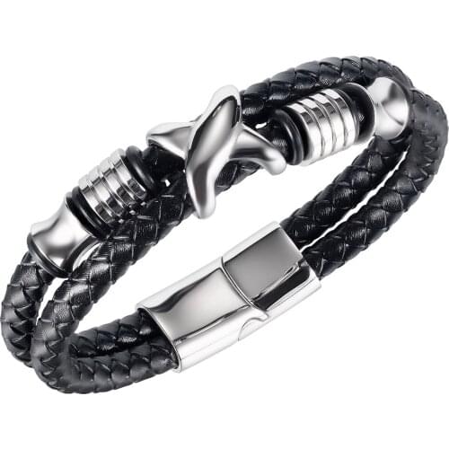 Cyue European Men Fashion Black Braided Multi-layer Leather X Bracelet Stainless Steel Button Wristband Jewelry ZYLB0212