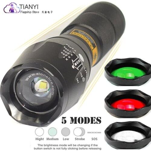 E17 2000 Lumen Flashlight Zoomable Led Cree T6 XM-L 5 MODE Camping Torch Flash Light The Lamp with green light red light filter