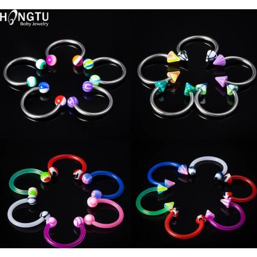 HONGTU 10pcs Circular Horseshoe Ring Nose Septum Ring Lip Rings Earrings 16g Steel & Acrylic Piercing Body Jewelry Wholesale