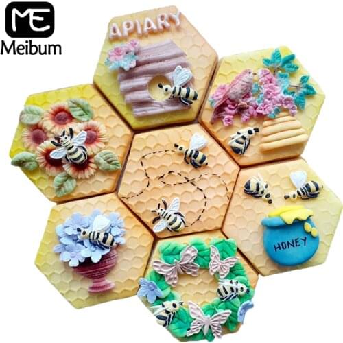 Meibum Honeycomb and 3 Bees Cake Mold Decorating Mould Fondant Silicone Molds Cupcakes Sugarcraft Baking Tools Clay Pan