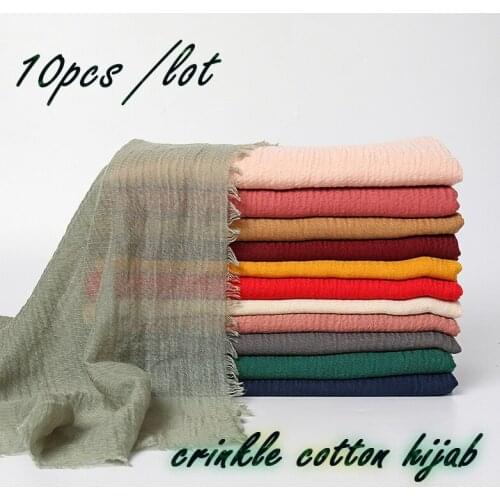 Fashion Plain Crinkle Cotton Scarf Women Muslim Hijab Large Size Tassel Scarves Stoles Pleated Islamic Bandana 10pcs/Lot