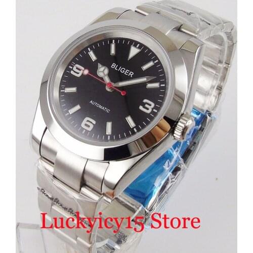 BLIGER Automatic Men Watch Business Steel Brushed Oyster Strap 21 Jewels MIYOTA 8215 Red Second Hand Screw Down Crown