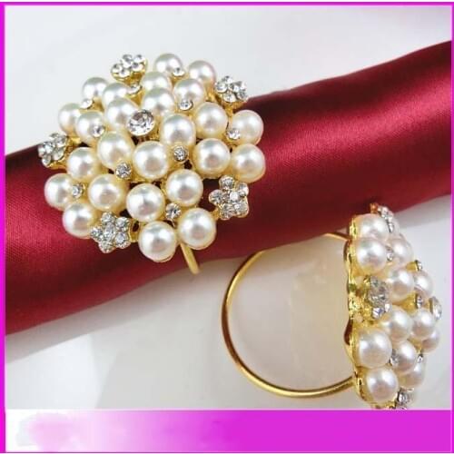 Wholesale Pearls Rhinestone Napkijan Rings Hotel Wedding ,Flower Shape pearl gold ring napkin holder Western Style Wedding Rings