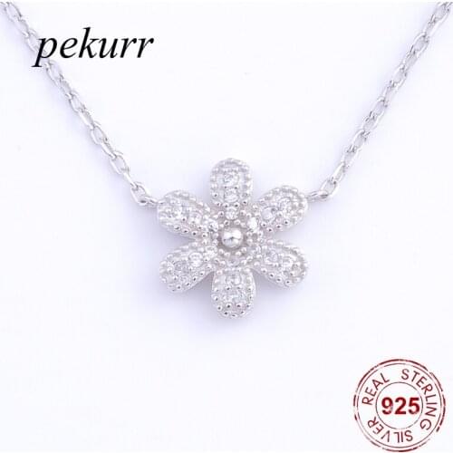 Pekurr 925 Sterling Silver Big 6 leaves Daisy Blossom Flower Necklaces For Women Pandents Boho Jewelry Silver Chain Statement