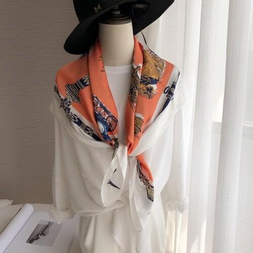 90x90CM Euro Chain Carriage Flowers Printed Silk Square Scarf For Women NeckerChief Ladies Imiation Silk Shawls Travel Scarfs