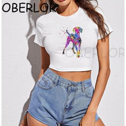 Cool Vintage Hip Hop Women T-Shirt Hungarian Vizsla Dog Watercolor Aesthetic Crop Top Shirt Harajuku Streetwear Camisetas Mujer