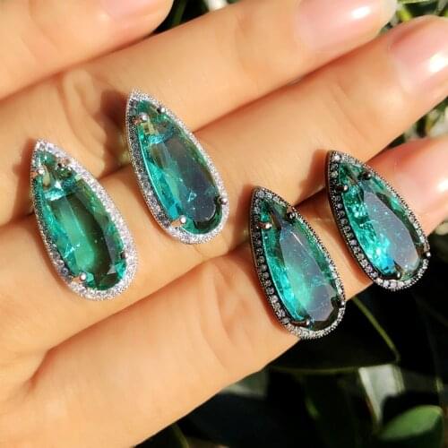 Vintage Green Water Drop shape Stud Earrings white AAA Cubic zirconia black plated blue Crytal Glass Women fashion party jewelry