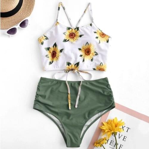 2021 New Women Sexy Sunflower Print Two-piece Bathing Suit Back Tie Up Camis Top with Chest Pad with High Waist Brief Bikini Set
