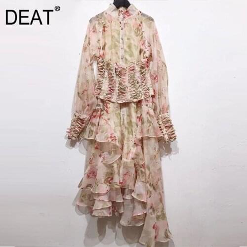 DEAT Woman Dress Asymmetry Printed Gathered Waist Turtleneck Lantern Sleeve Ruffle Retro Vintage Style 2021 New Summer 15XF185