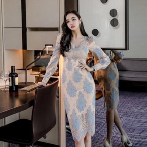2021 High Quality Luxuriy New Womens Elegant Lace Dresses Fashion Simple Slim High Waist Knee-Lengtgh Pencil Dress Femme Spring