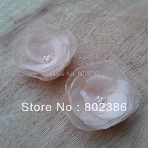 3" Handmade Heat/Singed Champagne Organza Flower with pearl,Bridal flower