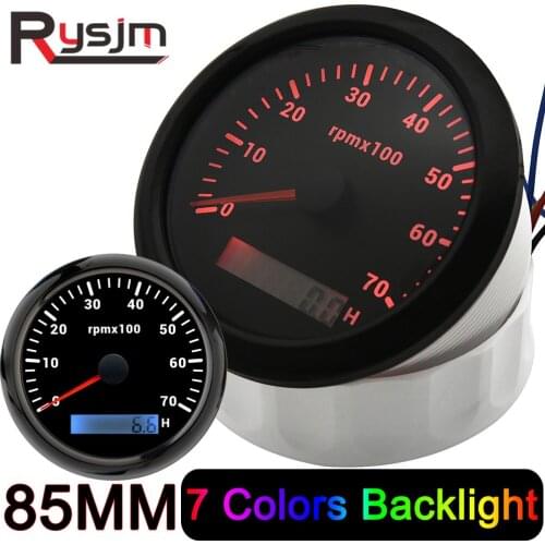 7 Color Backlight 85mm Marine Tachometer Boat Motorcycle Car 3000 4000 6000 7000 8000 RPM Gauge With LCD Hourmeter Digital Tacho