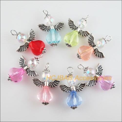 8 New Angel Charms Tibetan Silver Tone Mixed Acrylic Heart Pendants 21.5x33mm