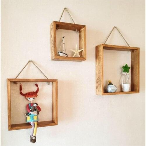 Wooden Square Decorative Rope Wall Rack Bookshelf 3 Pcs Large Medium Small Handmade Natural Wood Rack Ornament