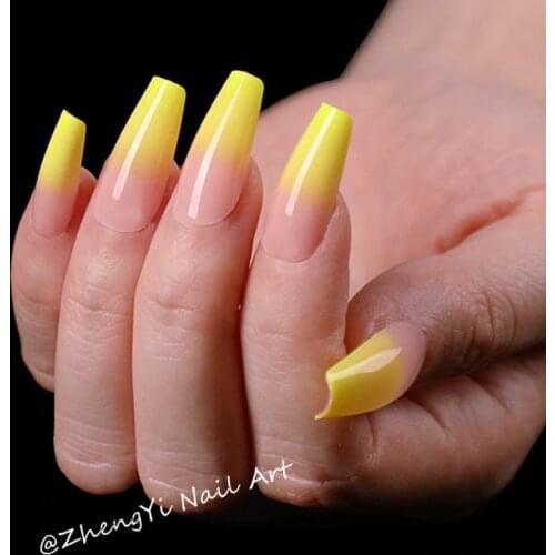 Ombre Midi Coffin Press On Nails With Design Glossy Ballerina Fake Nails Medium Artificial Yellow Faux Ongles Cear Nep Nagels