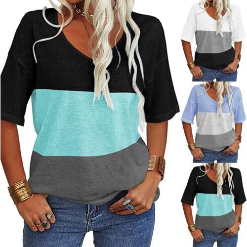 Womens T-Shirts Fashion Half Sleeve Solid Patchwork V-Neck T-Shirt Casual Loose Basic Tee Plus Size Pullover Top Women Clothing