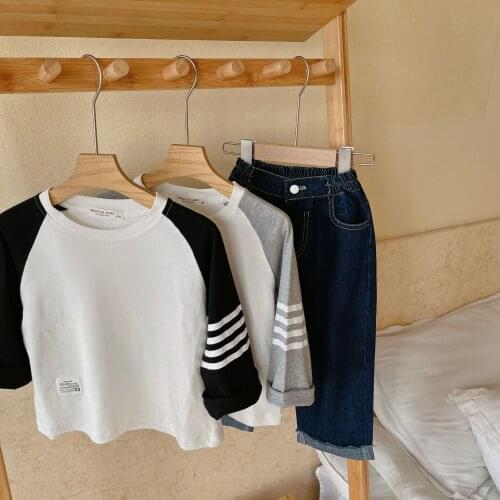 Baby Boys Long Sleeve T Shirts Spring Autumn Kids Bottoming Shirts Casual Two Color Stiching Striped Tops for Boy Child Clothes