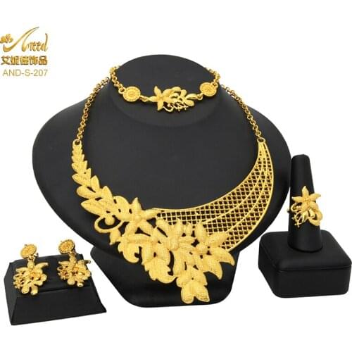 Italian Gold Jewelry Set For Women 24K Gold Plated Indian Bridal Necklace Bracelet Earring Ring Set Nigerians Wedding Jewelries