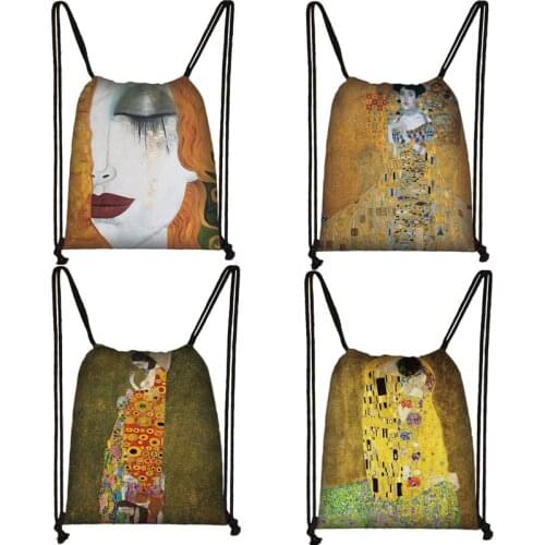 Oil Painting portrait of Adele Bloch-Bauer / Kiss By Gustav Klimt bag Women Men Canvas Storage Bag Mini Backpack drawstring bags