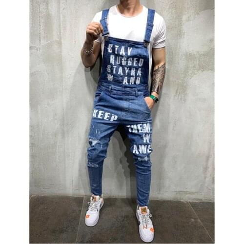 2020 Fashion Mens Ripped Jeans Jumpsuits Ankle Length Letter printing Distressed Denim Bib Overalls For Men Suspender Pants