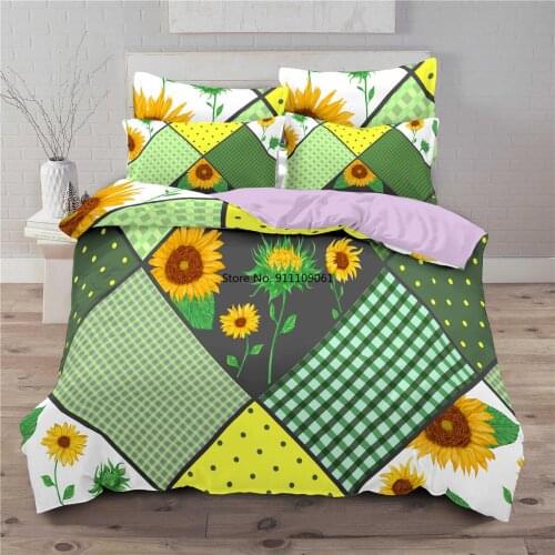 Geometric Flowers and Plants Bedding Set 3D Sunflower Printed Duvet Cover Pillowcase 240x220 Soft King Size Quilt Cover 2/3 Pcs