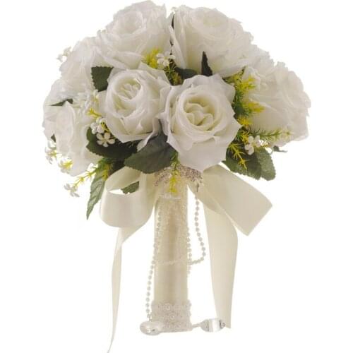 Korea Style White Rose Bridesmaid Wedding Foam Flowers Rose Bridal Bouquet Ribbon Fake Wedding Bouquet De Noiva