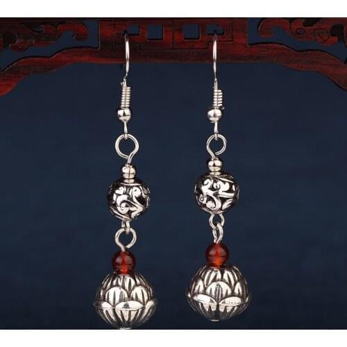 MYWINY Metal dangle ethnic earrings green,vintage fashion Tibetan Silver Tibetan Silver Lotous flowers earrings jewelry