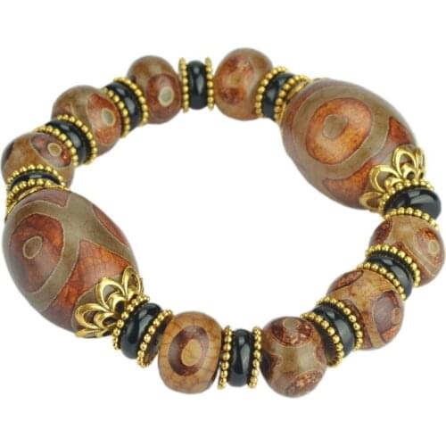 Mens Dzi Bracelets Three Eye Dzi Bead Agate Bracelet Abacus Beads Metal Torus Bangles Gift for Males Fine Jewelry
