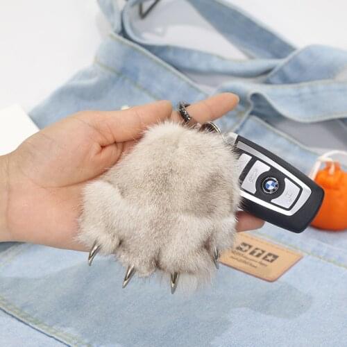 New real fur keychain fox fur paw Pendant For Women Gift Bag Car Key Keyring Natural Fur Pompom Metal Ring Bear paw ornaments