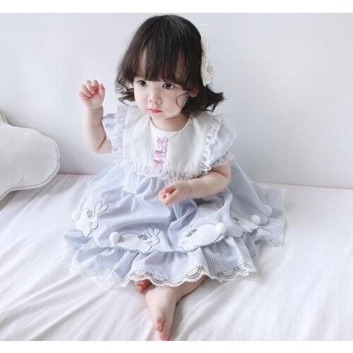 0-7Y BaBy Girl Rabbit Embroidery Vintage Spanish Pompom Gown Dress Lace Lolita Dress Princess Dress for Girl Birthday Party