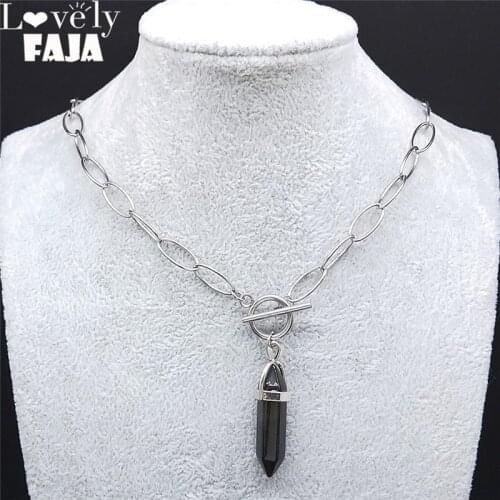 Stainless Steel Punk Neckless Silver Color Hexagonal Bullet Reiki Point Chakra Stone Pendant Necklace Jewelry collier NXS03