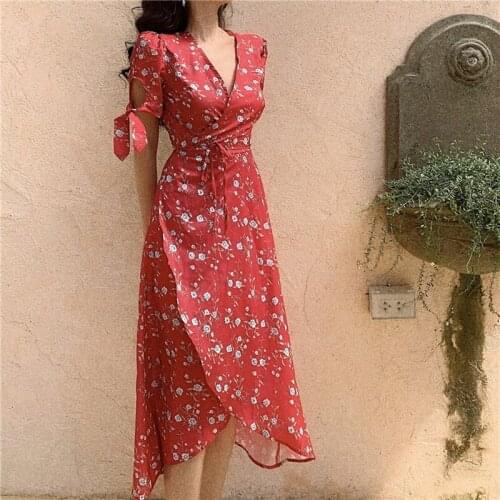 Focal20 Streetwear Vintage Floral Print Women Wrap Dress Short Sleeve High Waist V-neck Summer Female Long Dress