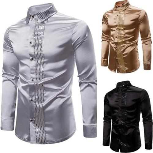 Sequined shirt mens banquet wedding dress solid color long-sleeved youth plus size hair stylist tooling рубашка мужская gold