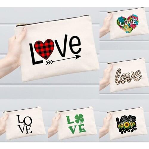 Love Print Women Makeup Bag Fashion Canvas Female Wash Storage Pouch Travel Cosmetic Case Toiletry Organizer Gift for Friend Mom