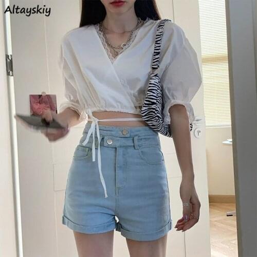 Shorts Women Sexy Skinny Solid Color Denim Female High Waist Buttons Trousers Lady Club Elasticity Slim Summer All-match Vintage
