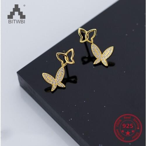 Hot Sale 925 Sterling Silver Cute Sweet Fashion Butterfly Zircon Golden Luxury Stud Earrings Jewelry For Women