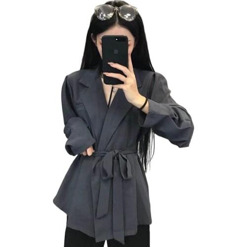 2021 spring and autumn womens jacket net red with the same temperament suit collar waist tie blazer top