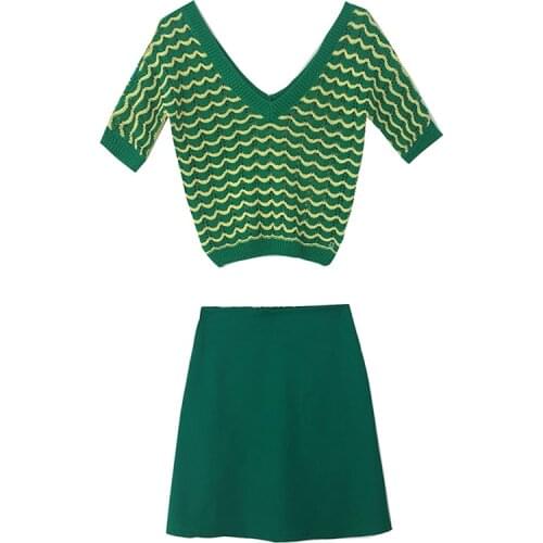 PERHAPS U Green Ripple V Neck Short Sleeve Top Short Empire Elastic Waist Mini Skirt Two Piece Set Summer Women Knitted T0087