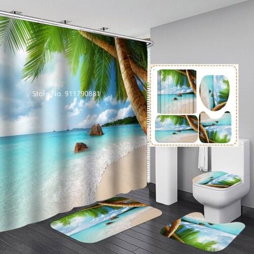 3D Printed Waterproof and Mildew Proof Hook Shower Curtain Floor Mat Toilet Mat Scenery Beach Sea Family Bathroom Decoration