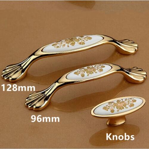 96mm 128mm modern fashion deluxe furniture handles white golden flower ceramic kitchen cabinet dresser door handles drawer knobs