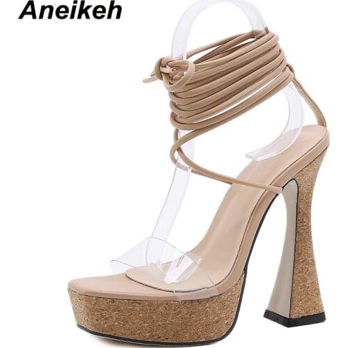 Aneikeh 2021 New Sexy Square Open Toe High Heel Summer Shoes Fashion PU Band Ankle Cross-Tied Ladies Party Sandals Platform 3 CM