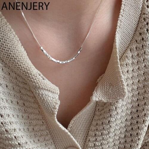 ANENJERY 925 Sterling Silver Small Square Cube Necklace for Women Sweet Cool Clavicle Necklace Jewelry Wholesale