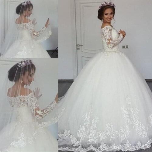 ANGELSBRIDEP Long Sleeves Ball Gown Wedding Dresses Robe de mariee Luxury Applique Court Train Saudi Arabia Bride Dresses HOT